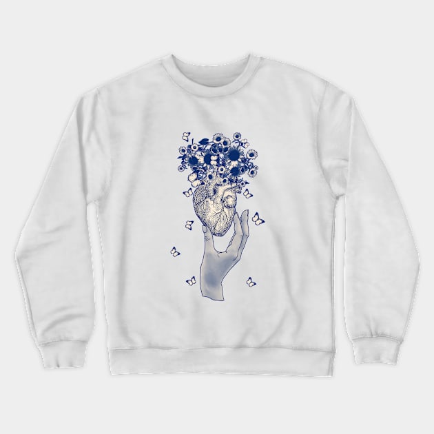 Blue hand heart and sunflowers, butterflies, daisies, anatomy illustration, drawing human heart with sweet flowers Crewneck Sweatshirt by Collagedream